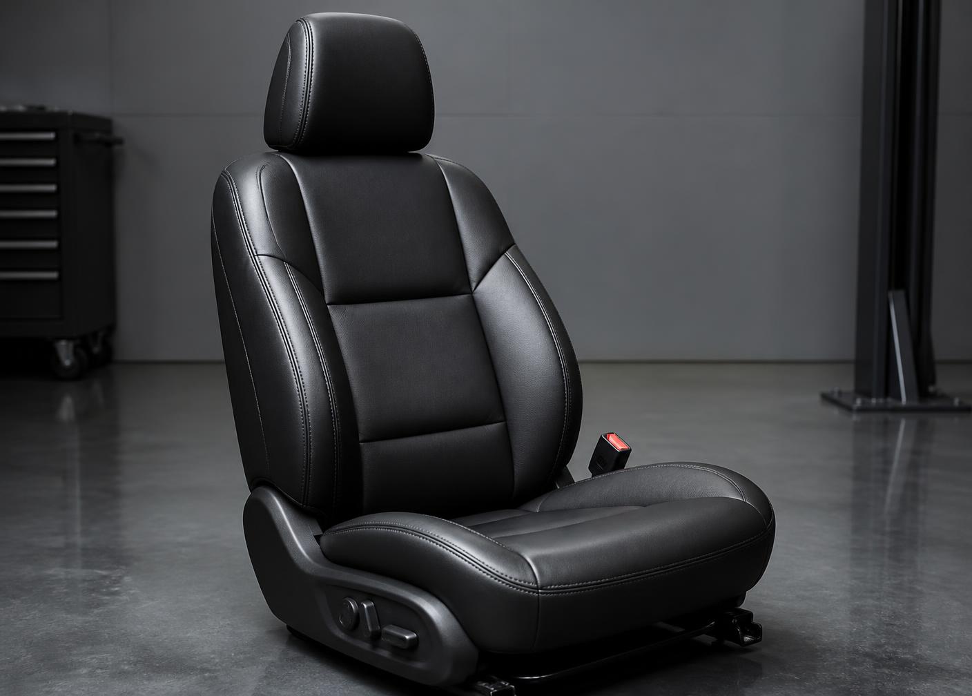 Asiento de coche después del tapizado, acabado en piel negra impecable